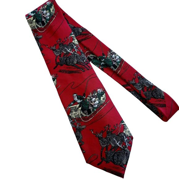 Vintage Ferrell Reed Red Christmas Night Santa Reindeer Silk Necktie Italy - Picture 2 of 6